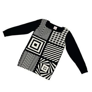 Vintage Mondi Square Neck Knit Sweater Black White Geometric Pattern Sze 34